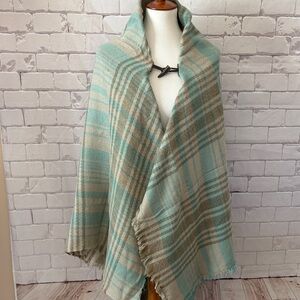 Grace & Lace Cozy Plaid Wool Shawl in Green and Tan